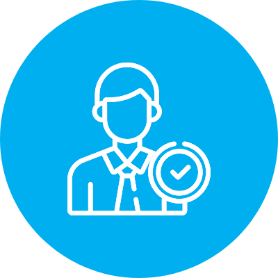 Icon depicting a person with a tie and a checkmark symbol, indicating approval or verification, set against a blue circular background.