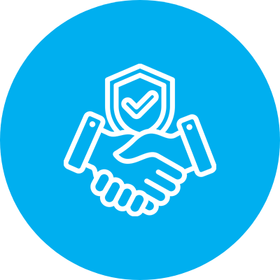 Two hands shaking inside a blue circle with a checkmark on a shield above them, symbolizing trust or agreement.