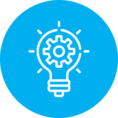 A white light bulb with a gear inside is centered on a blue circular background, symbolizing innovation or ideas.