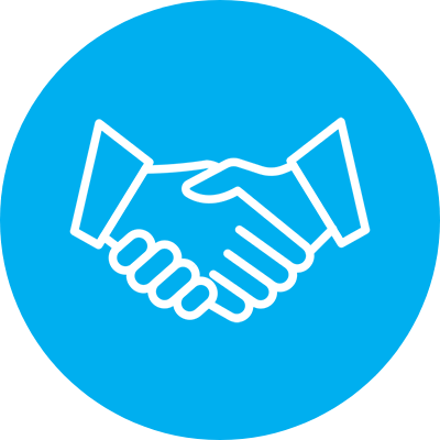 White outline of two hands shaking on a blue circular background.