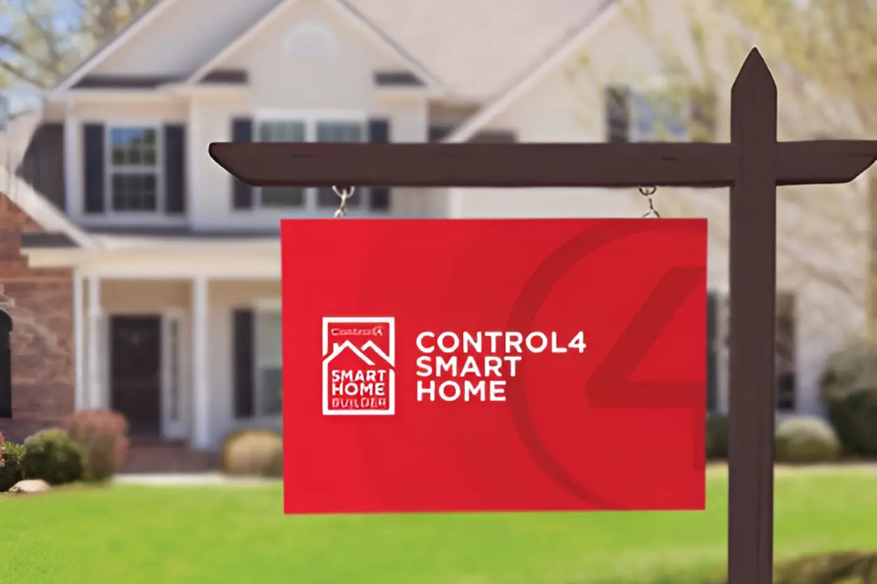 Red "Control4 Smart Home" sign on a wooden post in front of a suburban house.