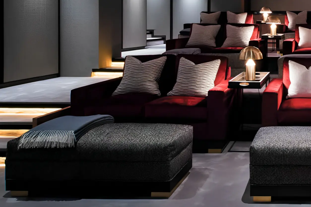 Modern lounge area with red chairs, gray ottomans, striped cushions, and a soft blanket. Ambient lighting and small table lamps enhance the cozy atmosphere.