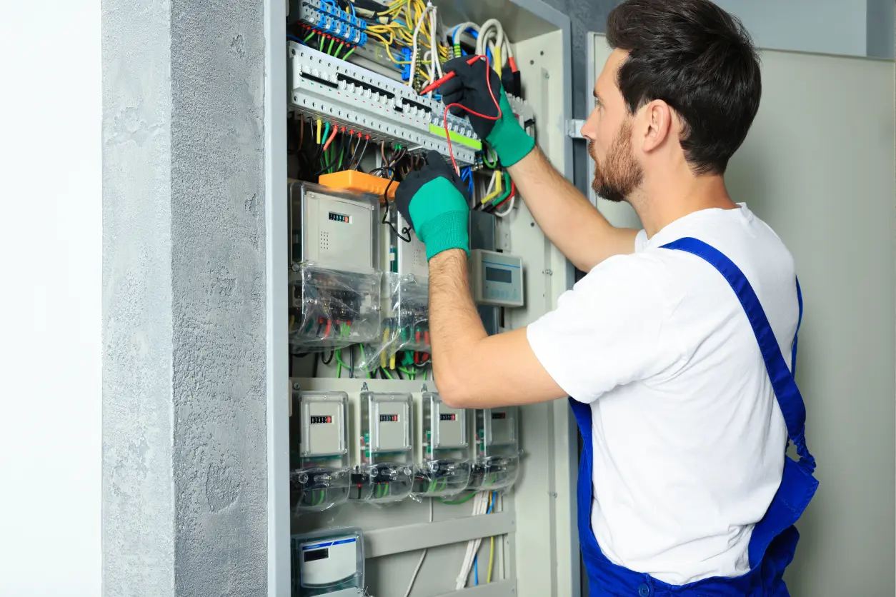 A man wearing blue overalls and green gloves is working on an open electrical panel, adjusting wires with tools in his hands.