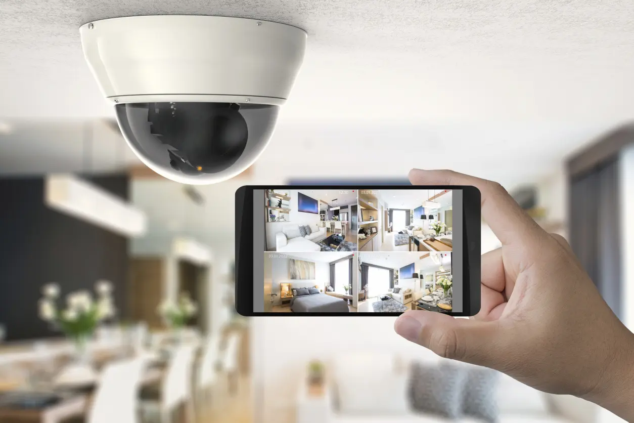 A person holds a smartphone displaying four surveillance camera views, while a security camera is mounted on the ceiling in a modern living room.
