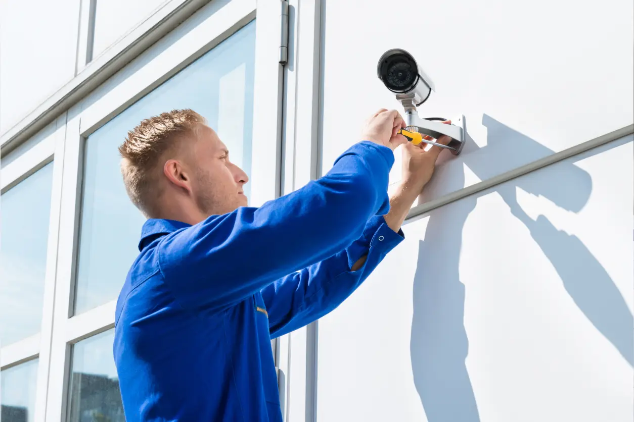 A man in a blue shirt installs a security camera on an exterior wall near large windows.